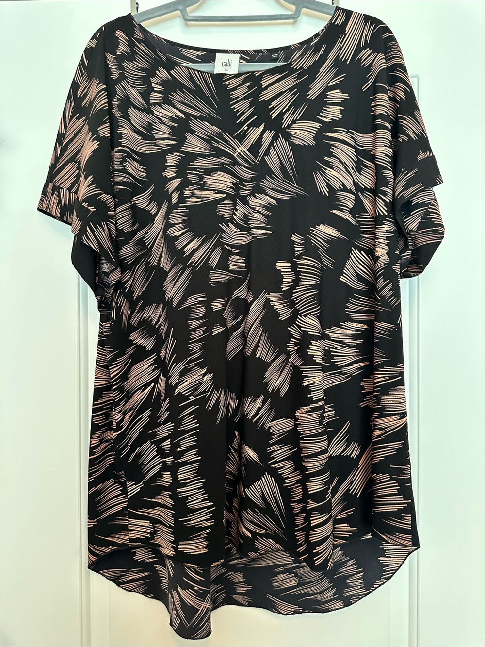 CAbi Black with Blush Scribble-Print Short Sleeve Blouse
